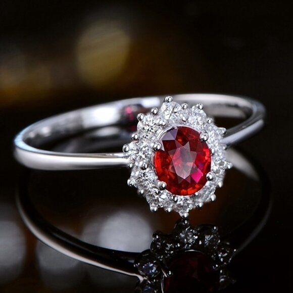 925 Silver Plated Oval Sun Flower Red Elegant Ruby Ring for Women, VIP… - Picture 3 of 6